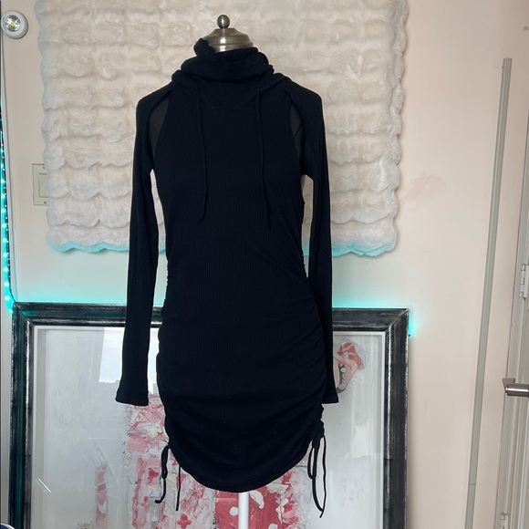 Darker Wavs Dresses & Skirts - Chic Black Long-Sleeve Dress with Drawstring Detail